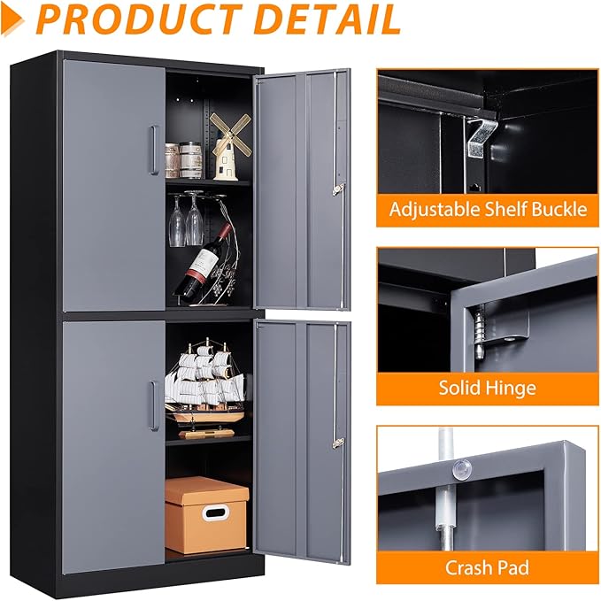 Metal Storage Locking Cabinet, 71" Tall Metal Cabinet with 4 Doors and 2 Adjustable Shelves, Locking Steel Cabinet for Home, School, Office, Gym, Garage Storage (Black Grey)