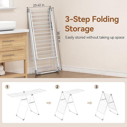 APEXCHASER Clothes Drying Rack, Foldable Drying Rack Clothing, Sturdy Metal Laundry Drying Rack, Height-Adjustable Gullwing, Easy to Fold, Space-Saving, for Indoor Outdoor, White