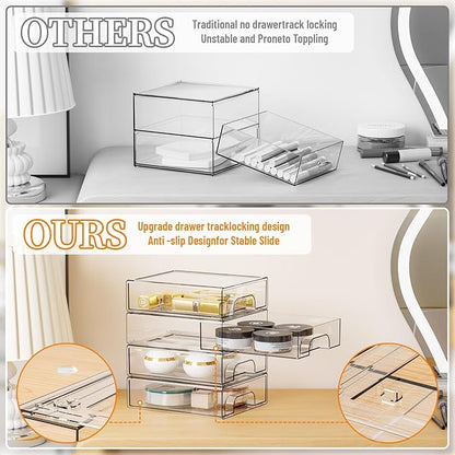 Yieach 2.2'' High Small Clear Stackable Storage Drawers,4 Pack Desk Organization and Storage Bins,Plastic Office Supply Organizer,Acrylic Drawer Storage Organizer for Makeup,Accessory,Pen,Art Crafts