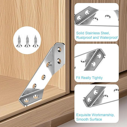 12-Pack Premium Stainless Steel Corner Brackets for Wood Frame, Universal Metal Hardware Corner Braces with Screws, Wooden Furniture Corner Connectors Such as Drawers, Cabinets, Tables and Chairs