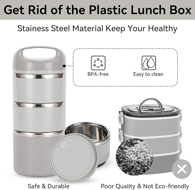 Lille Home 3-Layer Stainless Steel Lunch Box 1.43L- Leakproof, BPA-Free Insulated Bento Box for On-the-Go Meal Prep, Stackable Food Container for Women & Men