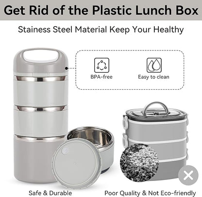 Lille Home 3-Layer Stainless Steel Lunch Box 1.43L- Leakproof, BPA-Free Insulated Bento Box for On-the-Go Meal Prep, Stackable Food Container for Women & Men