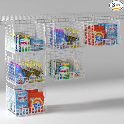 3 Pack Laundry Room Organization and Storage, Hanging Wire Basket for Laundry Closet Wire Shelves, Laundry Closet Organizers and Storage Basket, Heightened Version