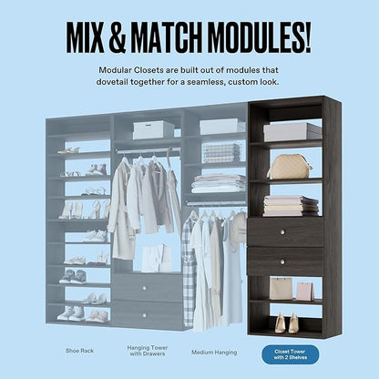 Closet Shelves Tower - Modular Closet System with Drawers (2) - Corner Closet System - Closet Organizers and Storage Shelves (Grey, 19.5 inches Wide) Closet Shelving