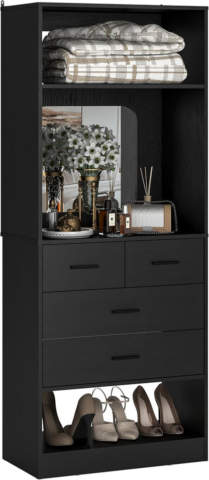 Unikito 25 Inch Closet System with 4 Drawers, 2FT Wood Closets Organizer with Storage Shelves and Mirror Design, Freestanding Sturdy Walk in Closet Tower for Bedroom, 25" W x 16" D x 80" H, Black