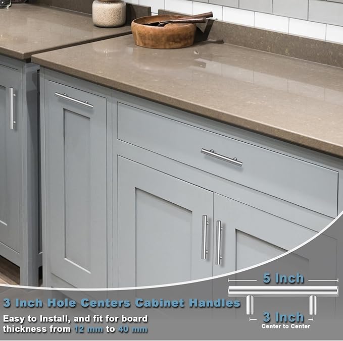 Estmoon 30 Pack Brushed Nickel Cabinet Handles 3 Inch Hole Center Drawer Pulls Stainless Steel Cabinet Pulls Silver Kitchen Handles Cabinet Hardware for Drawers, Cupboards - 5" Length, 3" Hole Center