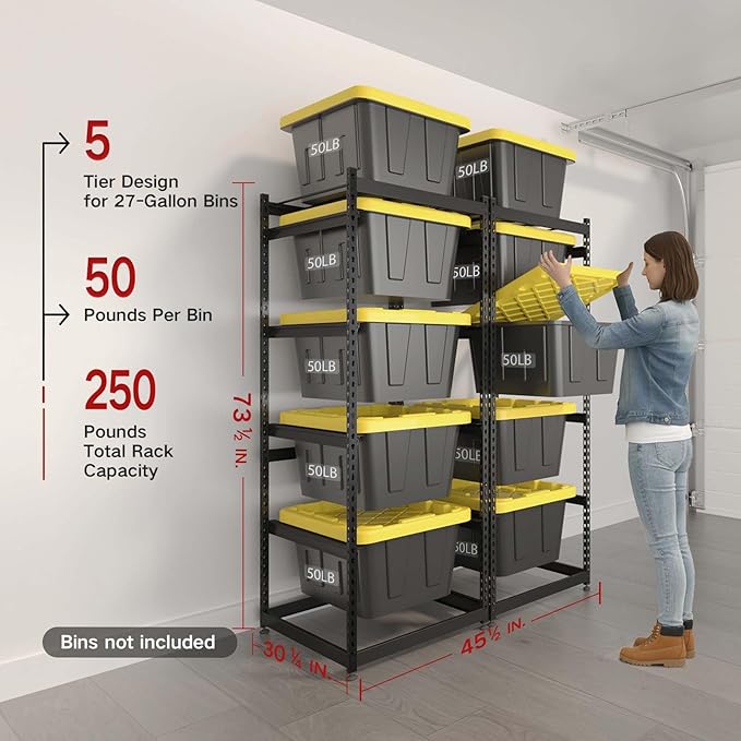 27 Gallon Tote Storage Rack, Heavy-Duty Storage Bin Rack Organizer, 5-Tier Standing Storage Bin Shelves, 250 lb Capacity, Maximize Space for Garage, Warehouse, Utility