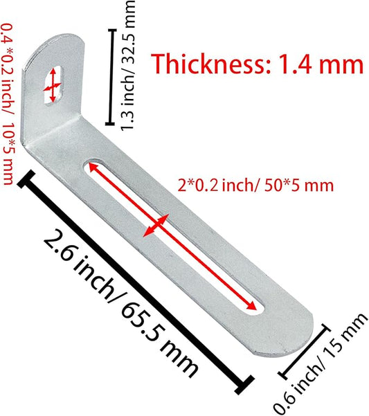 2.6"x1.3"x0.6"Adjustable Right Angle Brackets Metal L Bracket Heavy Duty 90 Degree Corner Fastener L-Shape Corner Brace Support Silver Shelf Bracket , 10Pcs