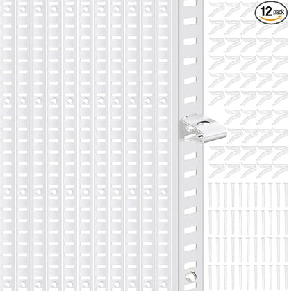 12 Pcs 36 Inch Metal Mortise Mount Pilaster Shelf Brackets and 72 Pcs Shelf Clips for Wall Shelving System Closet Organization Storage (White)