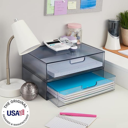 STORi STAX Plastic Stackable Organizer Drawers (Set of 2) Classic Grey | 12.5" Wide | Set Includes Two Open Drawer | Organize Office Desk Accessories & Sort Paper | Made in USA