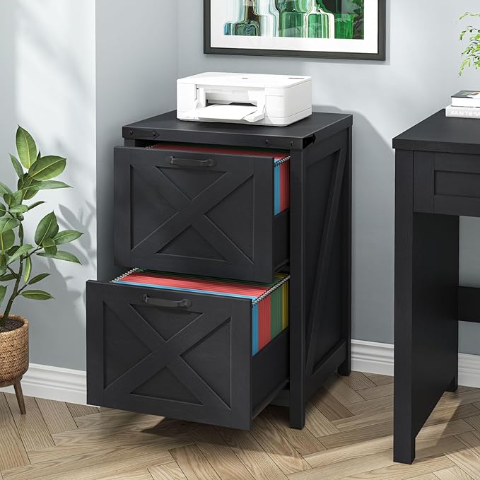 2 Drawer Small File Cabinet, Farmhouse Vertical Filing Cabinet Fits Letter and A4 Size, Under Desk Wooden File Cabinets for Home Office, Printer Stand, Black