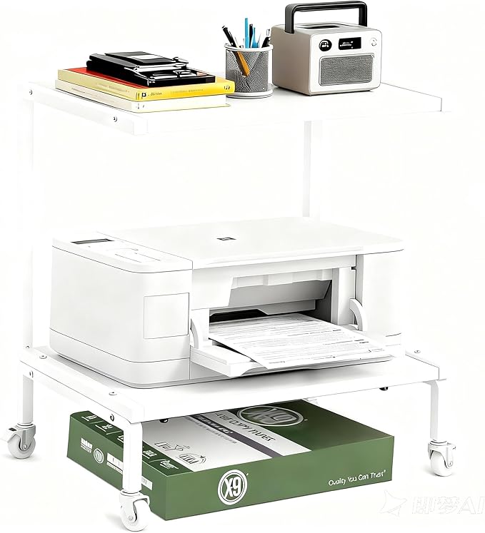 Printer Stand with Storage for Desk, with Wheel, 2 Tier Desktop Printer Stand-Multi-Purpose Desk Organizer, Large Wooden Printer Table for Folders,Books,for Fax Machine, Scanner,Home Office