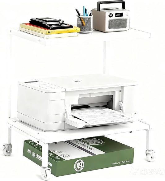 Printer Stand with Storage for Desk, with Wheel, 2 Tier Desktop Printer Stand-Multi-Purpose Desk Organizer, Large Wooden Printer Table for Folders,Books,for Fax Machine, Scanner,Home Office