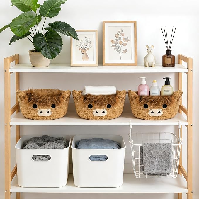 3 Pack Small Highland Cute Cow Storage Baskets for Organizing,Woven Decorative Gift Basket, Nursery Shelves Rope Cotton Storage Bins for Gifts Empty, Mini Burr Baby Shower with Handles,7 IN