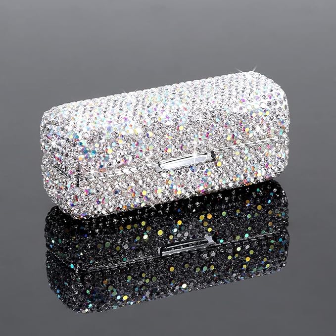 Rhinestone Lipstick Case with Mirror, Bling Crystal Lipstick Case Diamonds Makeup Cosmetic Storage Box Holder for Purse Ladies Fashion (Silver Color)