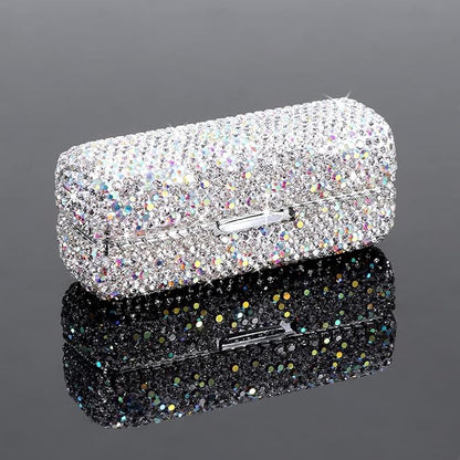 Rhinestone Lipstick Case with Mirror, Bling Crystal Lipstick Case Diamonds Makeup Cosmetic Storage Box Holder for Purse Ladies Fashion (Silver Color)