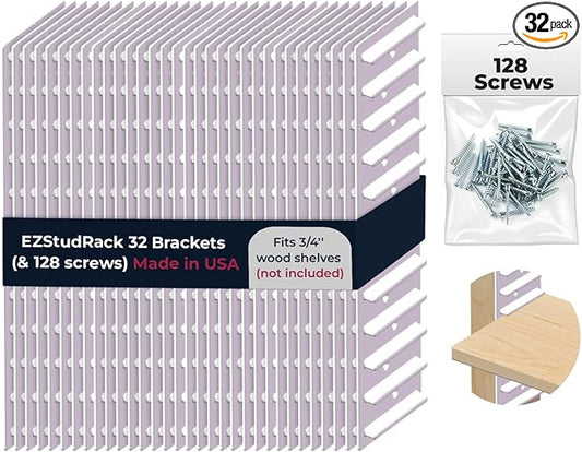 EZStudRack Shelf Bracket - Shelf Brackets for Wall - Wall Mount Shelf - Floating Shelf Hardware - Shelving Brackets for Home - Garage Shelf Brackets - Wood Not Included - 32 Pack (16 Pair) White