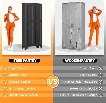 72" Tall Kitchen Cabinet Storage Unit With 2 Doors and 4 Adjustable Shelve, Metal Black Freestanding Cupboard, 5 Tier Kitchen Pantry Storage Cabinet for Kitchen Dining/Living Room/Garage/Home/Office
