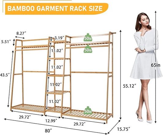 Bamboo Garment Rack 9 Tier Storage Shelf Coat Clothes Hanging Rack, Portable Wardrobe Closet Organizer With Top Shelf, Shoe Storage Shelves for Bedroom (Natural - 74.8 in)