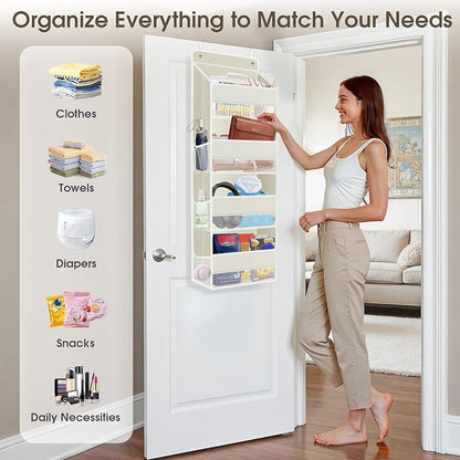 1 Pack Over The Door Organizer, Hanging Storage Organizer with Clear Window, 40lb Ultra Sturdy Large Capacity Room Organizer for Pantry Bathroom Nursery Closet Baby Essential (Beige)