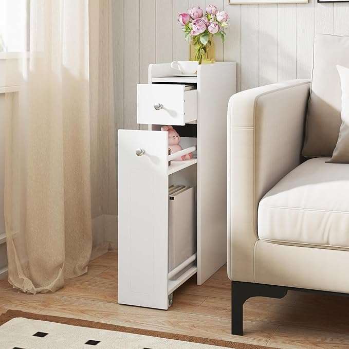 Tangkula Slim Bathroom Storage Cabinet, 4-Tier Narrow Small Side Storage Cabinet Next to Toilet, Slide Out Drawers on Casters, Bathroom Floor Organizer Toilet Paper Holder for Small Spaces (White)