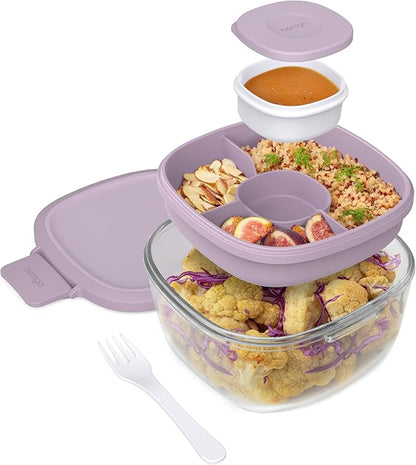 Bentgo Glass Salad Container - 7.6-Cup Salad Bowl with Airtight Lid, Leak-Proof Sauce Container, 4-Compartment Bento Tray & Reusable Fork - BPA-Free for Meal Prep, Office & More (Lavender)