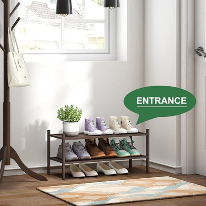 Bamboo Shoe Rack for Entryway, 2-Tier Stackable | Foldable | Natural, Shoe Organizer for Hallway Closet, Free Standing Shoe Racks for Indoor Outdoor
