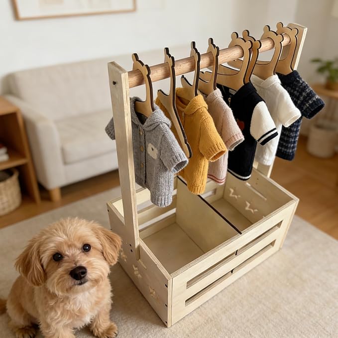 Wooden Pet Storage Organizer with Clothes Rack, Dog Toy Storage Bin, Cat Wardrobe Closet with Handle, Multi-Compartment Pet Accessories, 8 Small pet Clothes Hangers