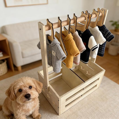 Wooden Pet Storage Organizer with Clothes Rack, Dog Toy Storage Bin, Cat Wardrobe Closet with Handle, Multi-Compartment Pet Accessories, 8 Small pet Clothes Hangers