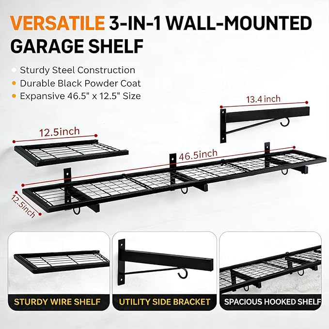 Garage Wall Shelving, 46" × 12" Wall Mounted Floating Shelf, Heavy Duty Shelves 190 LBS Load Capacity, Black Storage Rack for Shop, Shed, Closet, Basement, Laundry Room