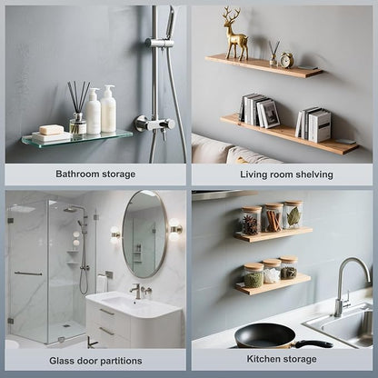 Ranbo 2 Pcs Solid Brass Glass Shelf Brackets, Heavy Duty 4mm Thick Design，for 1/4" to 1/2" Frameless Glass Panels, Wall Mount Support Clips for Shower and Shelves, Brushed Silver