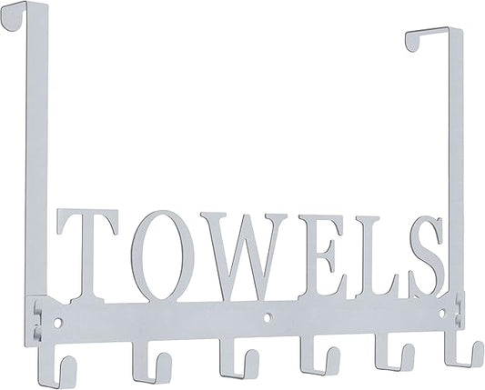 Over The Door Hooks, Towel Rack for Bathroom, Door Mount Towel Hooks Bath Towel Hanger for Bedroom Kitchen Pool Beach Towels Bathrobe Wall Mount Towel Holder for Bathrooms (6 Hooks, Silver Grey)