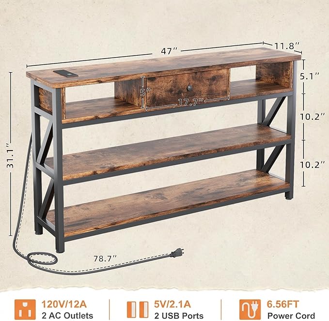 Mexin 47 Inch Console Table with 2 Outlet and 2 USB Ports, Entryway Table with Drawer and Storage Shelves, Narrow Sofa Table for Living Room and Hallway, Vintage Brown