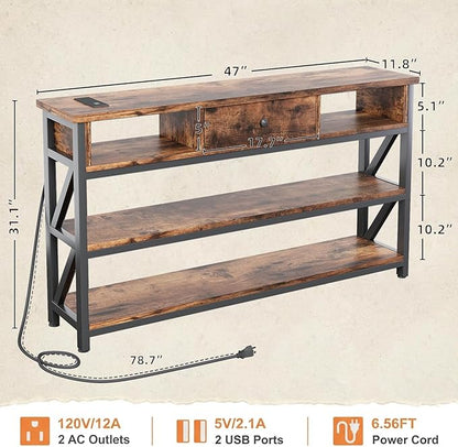 Mexin 47 Inch Console Table with 2 Outlet and 2 USB Ports, Entryway Table with Drawer and Storage Shelves, Narrow Sofa Table for Living Room and Hallway, Vintage Brown