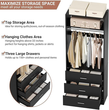 Closet System Set of 2, 4FT Closet Systems with 6 Wood Drawers, 48" Closet Organizer System with 2 Hanging Rods & 2 Shelves, Heavy Duty 48 Inch Walk-in Closet, Black (48"L x 15" W x 80" H)