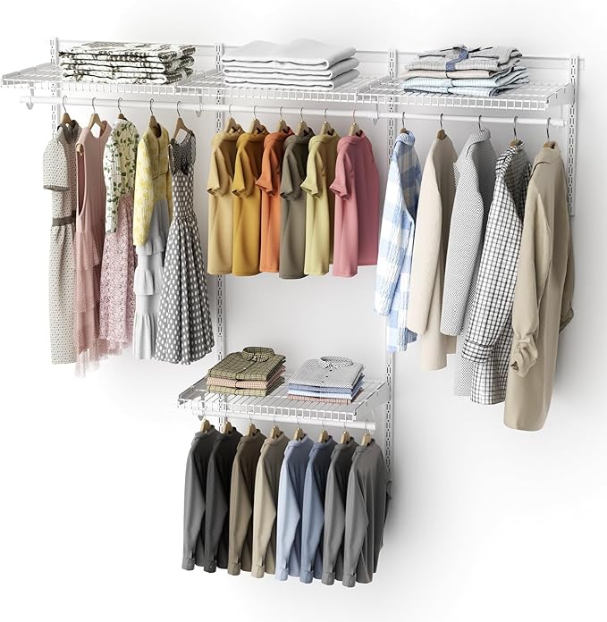 4-8FT Closet Shelving System, Adjustable Metal Wire Shelves, Wall-mounted Closets Kit with Expandable Hanging Rod, DIY Organization Rack for Walk-in/Built-in Wardrobe of Bedroom, Laundry