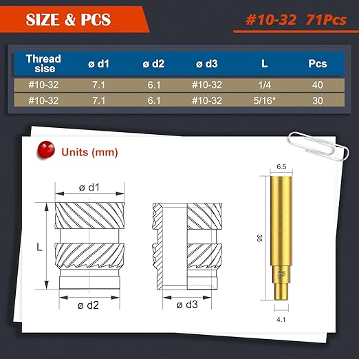 71Pcs #10-32 Threaded Inserts, Female Thread SAE Knurled Nuts Assortment Kit, Brass Heat Set Insert for 3D Printing Plastic Parts(#10-32, L1/4×D7.1 and L 5/16×D7.1)
