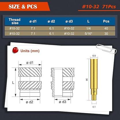 71Pcs #10-32 Threaded Inserts, Female Thread SAE Knurled Nuts Assortment Kit, Brass Heat Set Insert for 3D Printing Plastic Parts(#10-32, L1/4×D7.1 and L 5/16×D7.1)