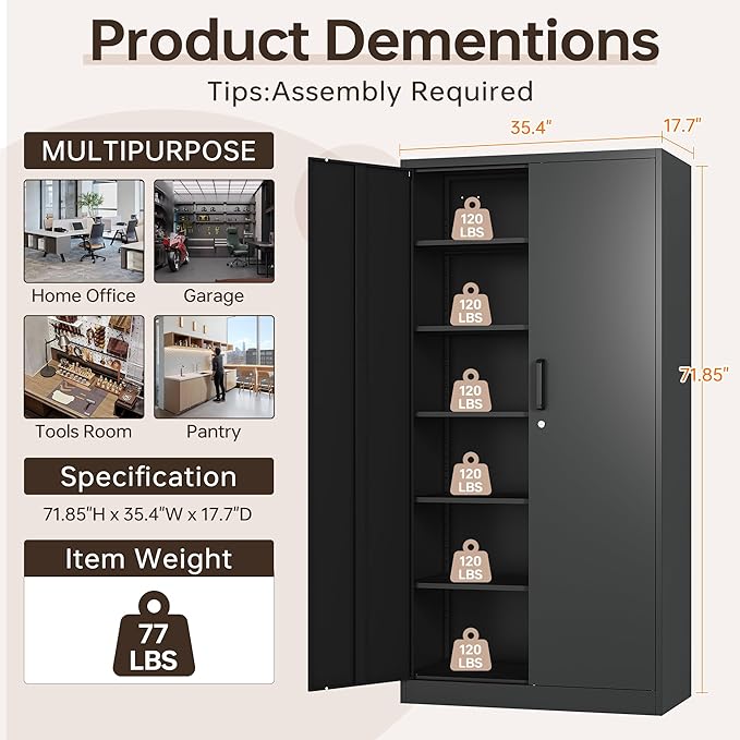 Metal Garage Cabinets, 72" Tall Locking Storage Cabinet with 2 Doors and 5 Adjustable Shelves, Steel Utility Tool Caninet, Black Lockable Outdoor Storage Cabnet for Pantry, Garage, Home Office
