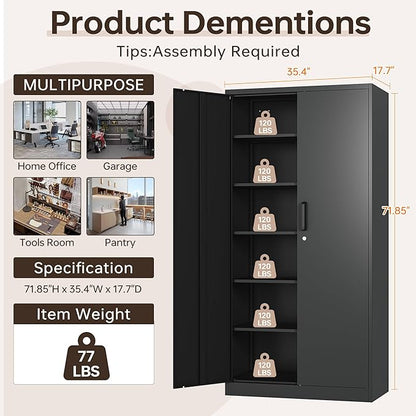 Metal Garage Cabinets, 72" Tall Locking Storage Cabinet with 2 Doors and 5 Adjustable Shelves, Steel Utility Tool Caninet, Black Lockable Outdoor Storage Cabnet for Pantry, Garage, Home Office