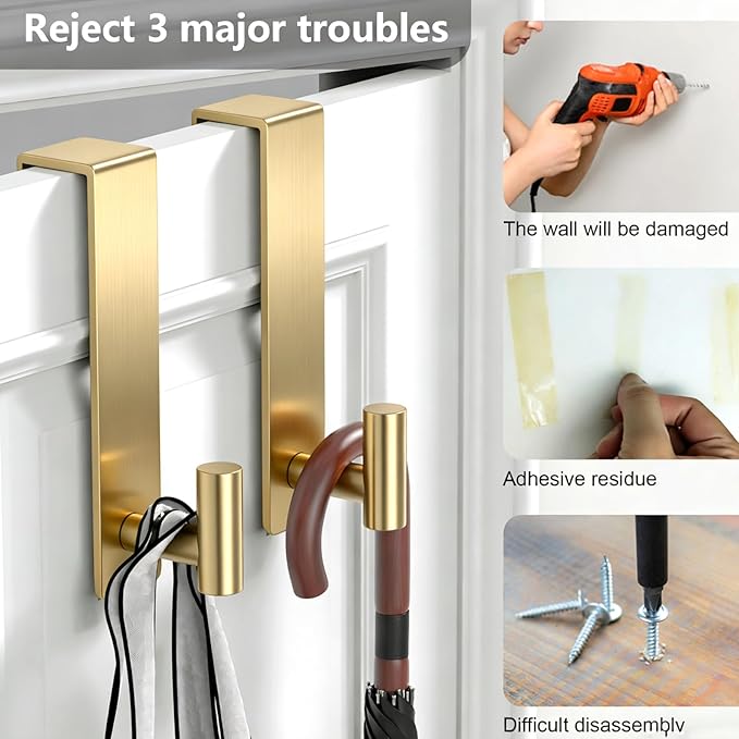 PMMASTO 2-Pack Over The Door Hooks - Rustproof Stainless Steel Door Hangers for 1-3/4 Inch Doors, Non-Marking and Tool-Free Easy Install (Gold, T Shape-Fits 1-3/4" Thick Door)
