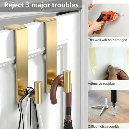 PMMASTO 2-Pack Over The Door Hooks - Rustproof Stainless Steel Door Hangers for 1-3/4 Inch Doors, Non-Marking and Tool-Free Easy Install (Gold, T Shape-Fits 1-3/4" Thick Door)