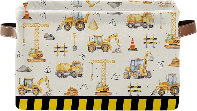 Construction Truck Basket - Excavator Storage Baskets Collapsible - Bulldozer Storages Bin Decor - Tractor Decor for Boys Room - Excavator Rectangle Baskets for Kids Clothes, Gifts, Books
