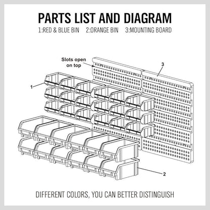 HORUSDY Wall Mounted Storage Bins Parts Rack 30PC Organizer Garage Plastic Shop Tool for Men's Gift, Blue,Orange,Red