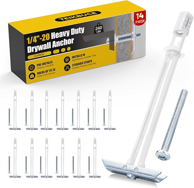 Drywall Anchor with Included Bolts for 1/4-20 Fastener Size, Wall Anchors Drywall Heavy Duty for TV Mounting, Hollow-Wall Anchors Screws Kit Holds Up to 270 Pounds Each in 1/2-in Drywall-14 Pack