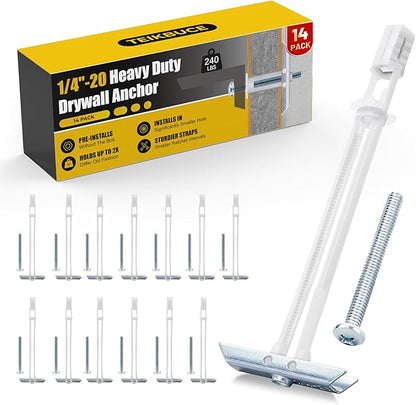 Drywall Anchor with Included Bolts for 1/4-20 Fastener Size, Wall Anchors Drywall Heavy Duty for TV Mounting, Hollow-Wall Anchors Screws Kit Holds Up to 270 Pounds Each in 1/2-in Drywall-14 Pack