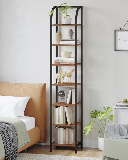 Bookshelf Narrow Bookcase, Tall Storage Rack with Steel Frame, Display Standing Shelf Unit, Skinny Book Shelf for Study Living Room, Home Office, Industrial, 7-Tier Rustic Brown BC57701B