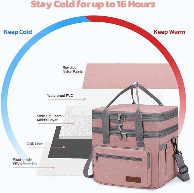 Maelstrom Lunch Bag Women,23L Insulated Lunch Box For Men Women,Expandable Double Deck Lunch Cooler Bag,Lightweight Leakproof Lunch Tote Bag With Side Tissue Pocket,Pink