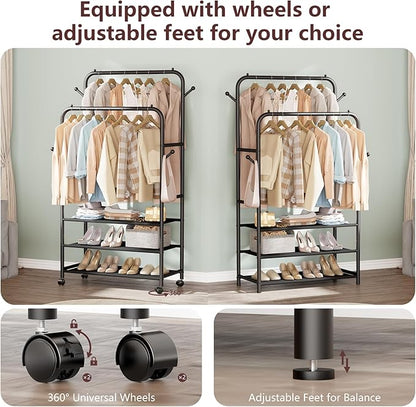 Furologee Clothes Racks for Hanging Clothes, Double Rods Clothing Rack with 3-Tier Storage Shelves, Rolling Garment Wardrobe with Wheels, Portable Free Standing Closet for Bedroom, Laundry Room, Black