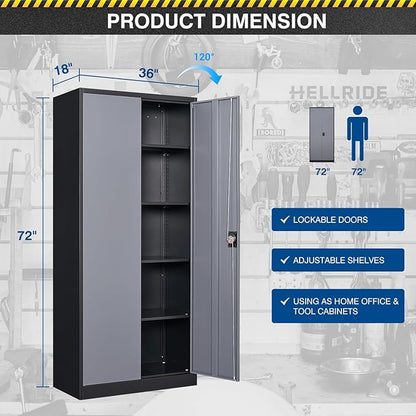 Metal Storage Cabinet-72” Tall Steel File Cabinets with Lockable Doors and Adjustable Shelves-Black&Gray Steel Storage Cabinet for Kitchen, Office, Garage
